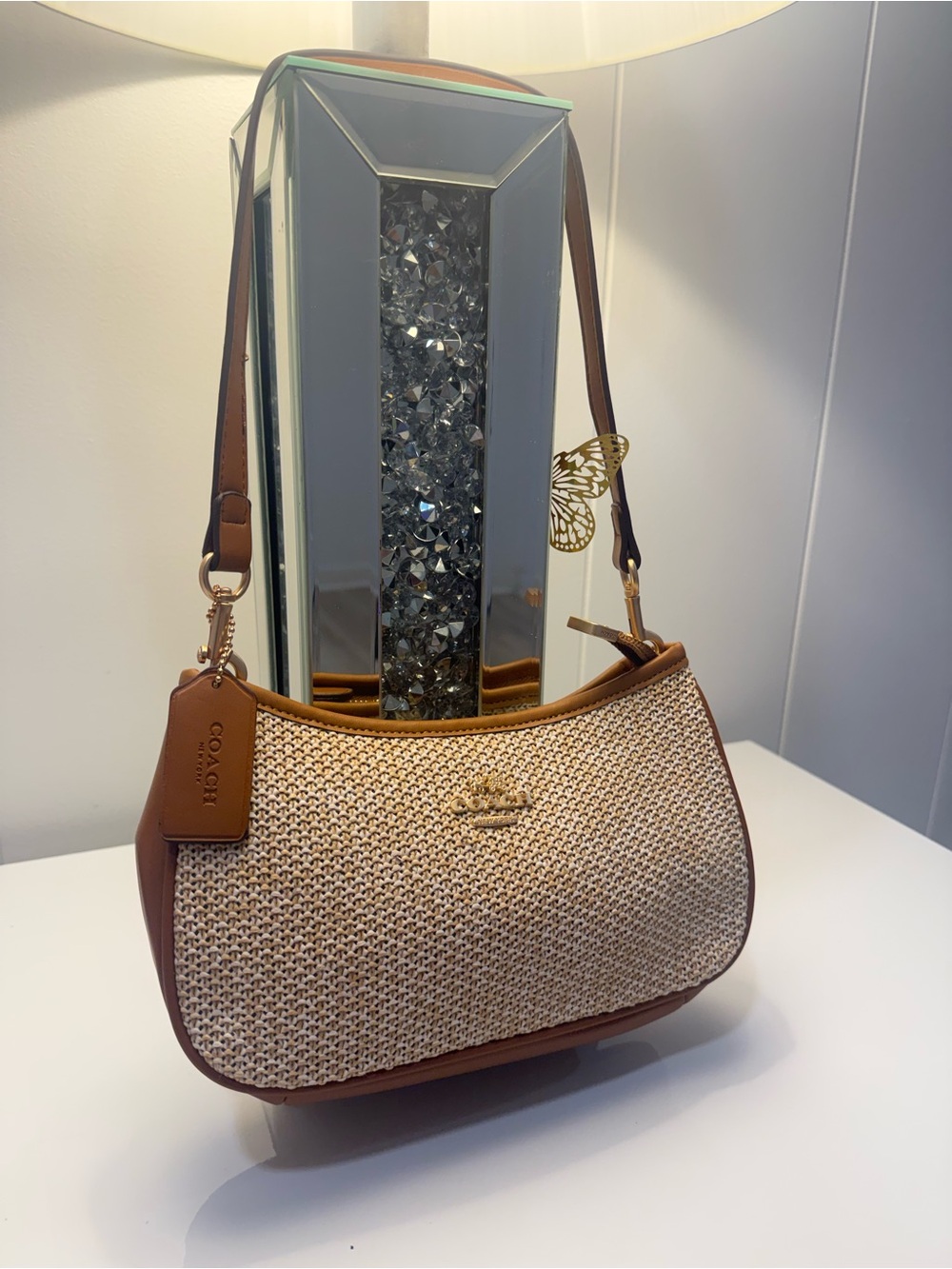 Coach Woven Straw Shoulder Bag in Brown and Natural